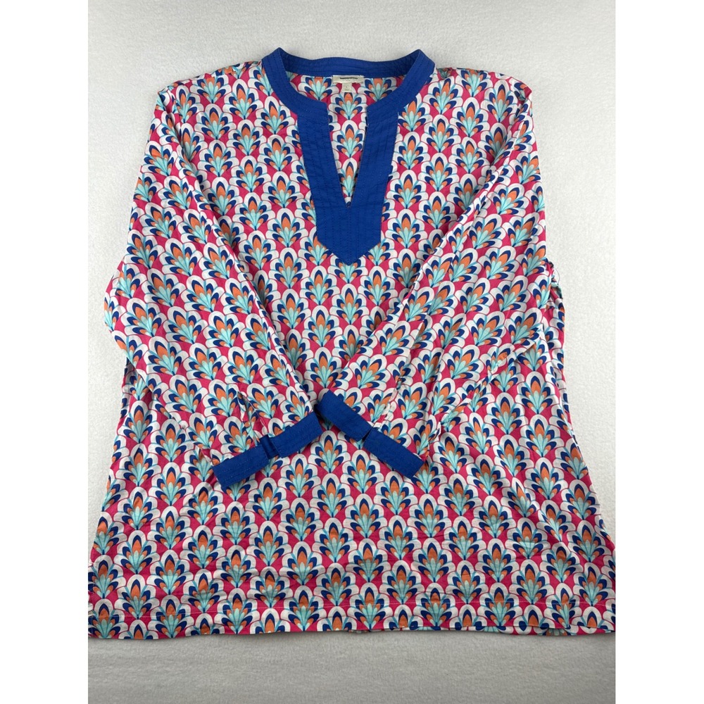 Talbots Womens Pink Blue Geometric Fan Print Cotton Boho Split Neck Tunic Top L